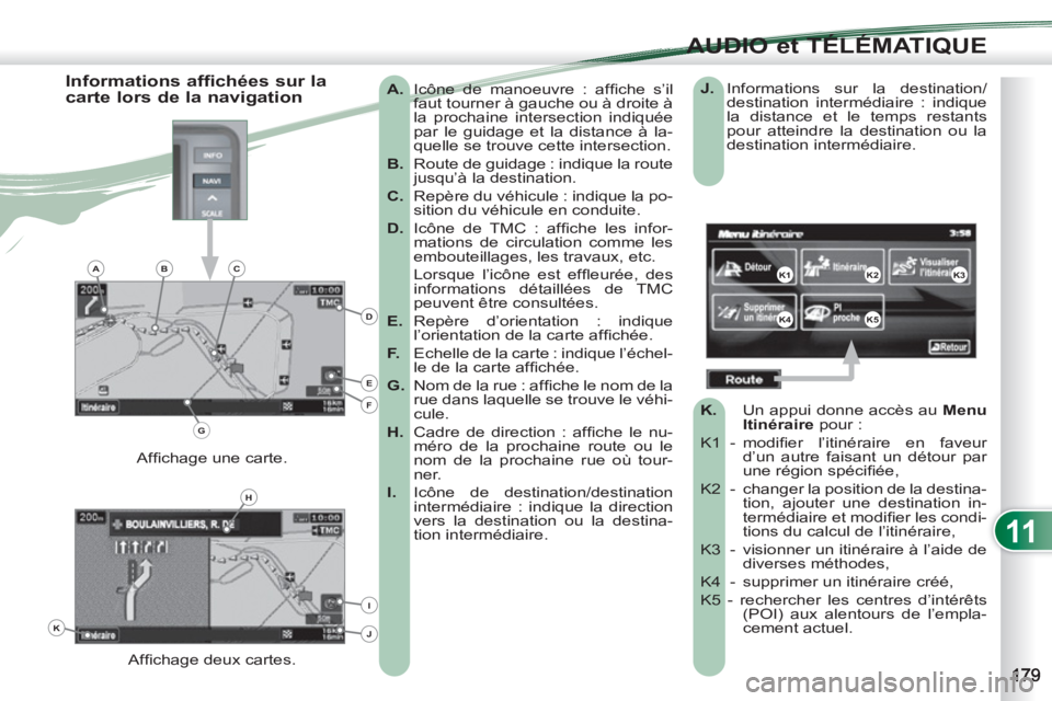 PEUGEOT 4007 2012 Manuel du propriétaire (in French) 11
AUDIO et TÉLÉMATIQUE
A.
Icône de manoeuvre : affi che s’il
faut tourner à gauche ou à droite à
la prochaine intersection indiquée
par le guidage et la distance à la-
quelle PEUGEOT 4007 2012 Manuel du propriétaire (in French) 11
AUDIO et TÉLÉMATIQUE
A.
Icône de manoeuvre : affi che s’il
faut tourner à gauche ou à droite à
la prochaine intersection indiquée
par le guidage et la distance à la-
quelle