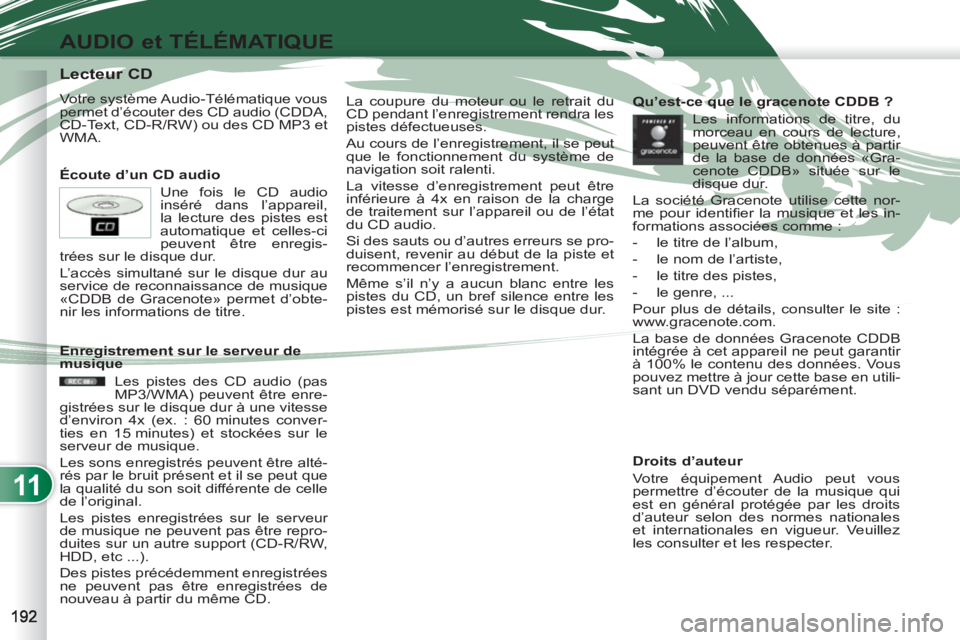PEUGEOT 4007 2012  Manuel du propriétaire (in French) 11
AUDIO et TÉLÉMATIQUE
   
 
 
 
 
 
 
 
 
 
 
 
 
 
 
 
 
 
 
 
 
Lecteur CD 
 
Votre système Audio-Télématique vous 
permet d’écouter des CD audio (CDDA, 
CD-Text, CD-R/RW) ou des CD MP3 et