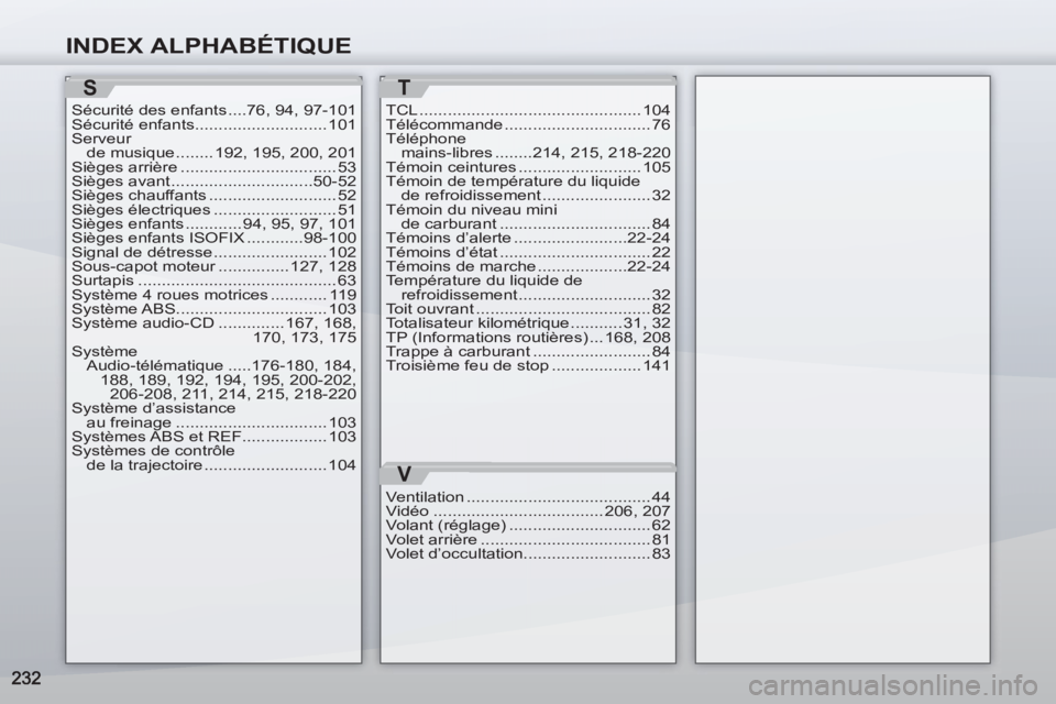 PEUGEOT 4007 2012  Manuel du propriétaire (in French) INDEX ALPHABÉTIQUE
T
TCL ............................................... 104
Télécommande ............................... 76
Téléphone 
mains-libres ........214,  215,  218-220
Témoin ceintures 