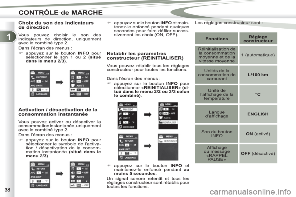 PEUGEOT 4007 2012  Manuel du propriétaire (in French) 1
CONTRÔLE de MARCHE
   
Choix du son des indicateurs 
de direction 
  Vous pouvez choisir le son des 
indicateurs de direction, uniquement 
avec le combiné type 2. 
  Dans l’écran des menus : 
 