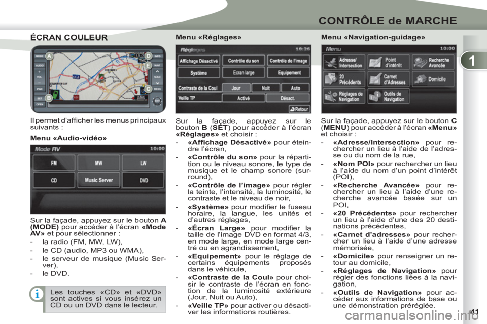 PEUGEOT 4007 2012  Manuel du propriétaire (in French) 1
CONTRÔLE de MARCHE
ÉCRAN COULEUR ÉCRAN COULEUR 
   
Il permet d’afﬁ  cher les menus principaux 
suivants :   Sur la façade, appuyez sur le 
bouton  B 
 ( SET 
) pour accéder à l’écran 
