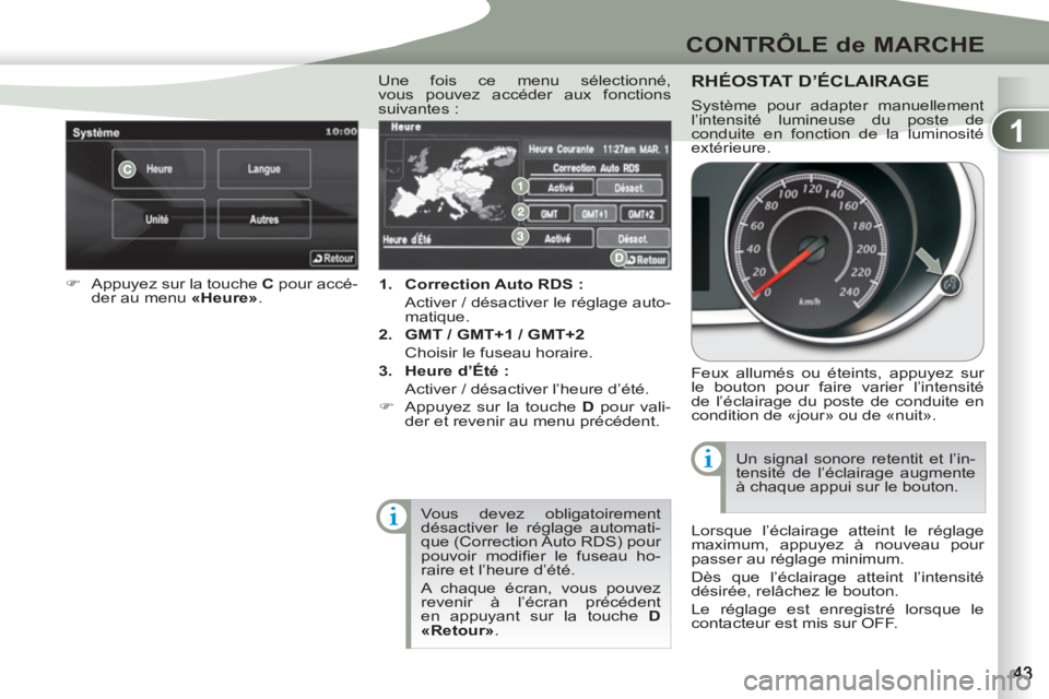 PEUGEOT 4007 2012  Manuel du propriétaire (in French) 1
CONTRÔLE de MARCHE
   
 
1. 
  Correction Auto RDS : 
   
  Activer / désactiver le réglage auto-
matique. 
   
2. 
  GMT / GMT+1 / GMT+2 
   
  Choisir le fuseau horaire. 
   
3. 
  Heure d’É
