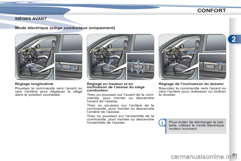 PEUGEOT 4007 2012  Manuel du propriétaire (in French) 2
CONFORT
   
Mode électrique (siège conducteur uniquement) 
 
 
Réglage longitudinal 
  Poussez la commande vers l’avant ou 
vers l’arrière pour déplacer le siège 
dans la position souhait