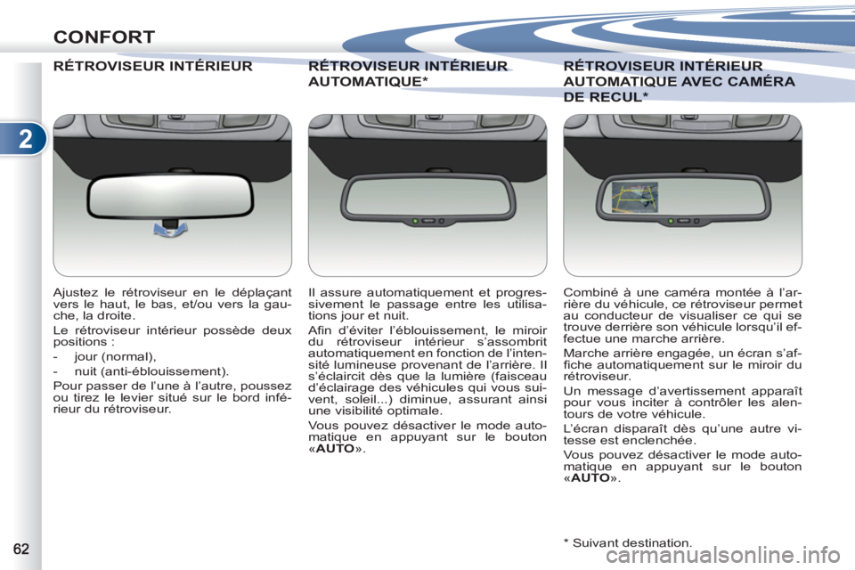 PEUGEOT 4007 2012 Manuel du propriétaire (in French) 2
CONFORT
RÉTROVISEUR INTÉRIEUR R INTÉRIEUR
Ajustez le rétroviseur en le déplaçant
vers le haut, le bas, et/ou vers la gau-
che, la droite.
Le rétroviseur intérieur possède deux
posi PEUGEOT 4007 2012 Manuel du propriétaire (in French) 2
CONFORT
RÉTROVISEUR INTÉRIEUR R INTÉRIEUR
Ajustez le rétroviseur en le déplaçant
vers le haut, le bas, et/ou vers la gau-
che, la droite.
Le rétroviseur intérieur possède deux
posi
