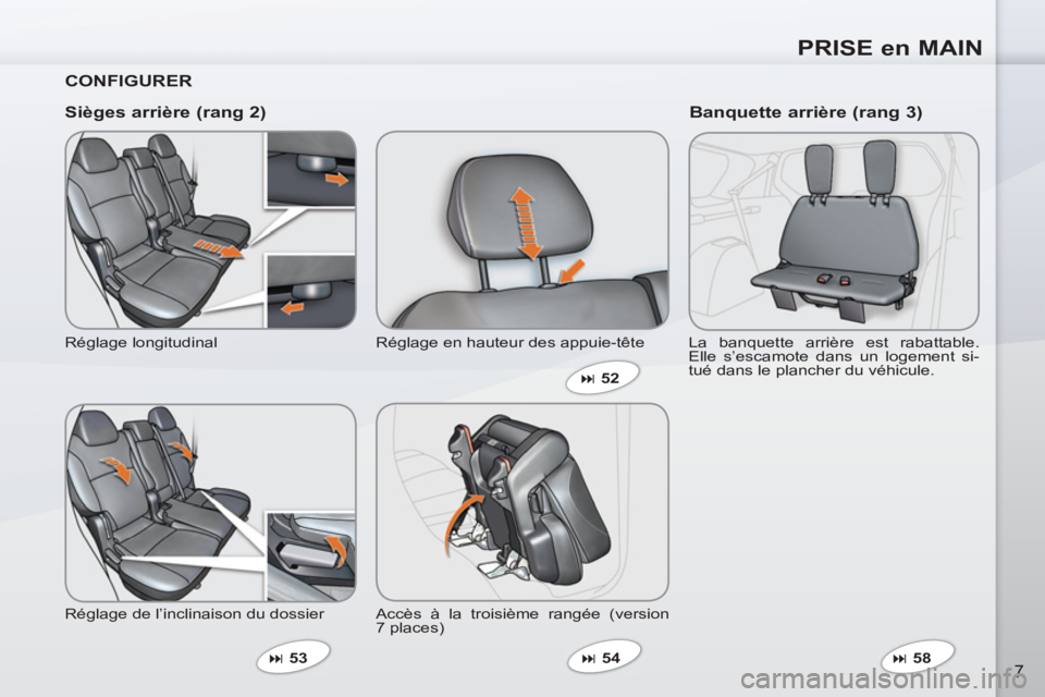 PEUGEOT 4007 2012  Manuel du propriétaire (in French) PRISE en MAIN
7
   
CONFIGURER  
   
Sièges arrière (rang 2) 
 
Réglage longitudinal 
  Réglage de l’inclinaison du dossier 
   
 
� 
 53    Réglage en hauteur des appuie-tête 
  Accès à la