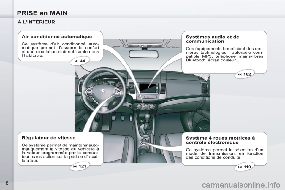 PEUGEOT 4007 2012  Manuel du propriétaire (in French) PRISE en MAIN
8
   
À L’INTÉRIEUR  
   
Air conditionné automatique 
 
Ce système d’air conditionné auto-
matique permet d’assurer le confort 
et une circulation d’air sufﬁ sante dans 
