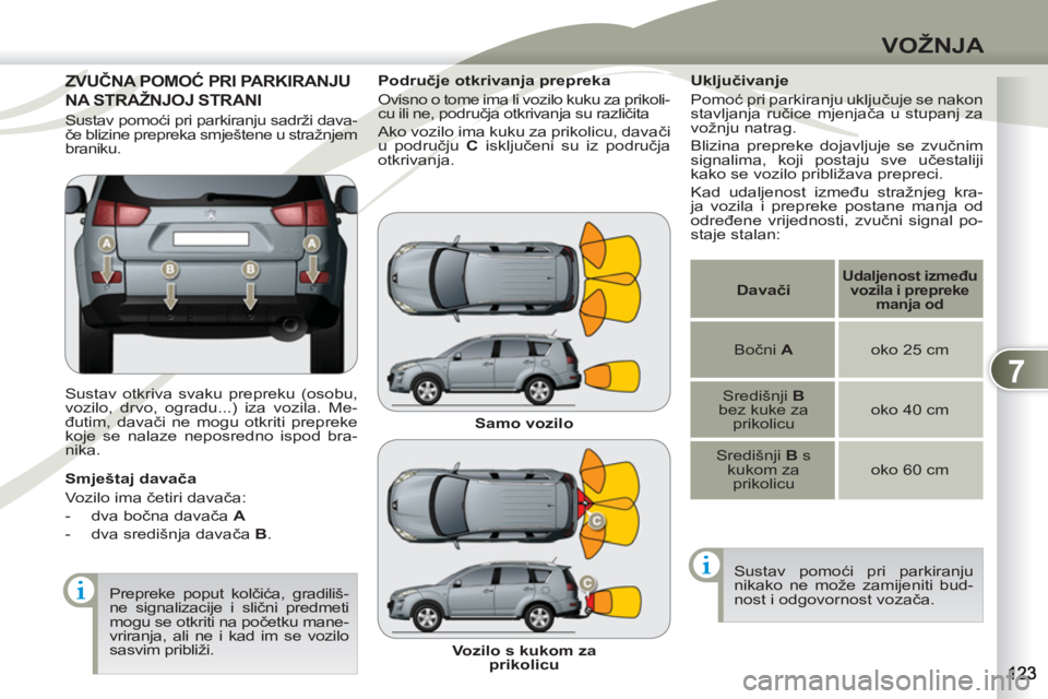 PEUGEOT 4007 2012  Upute Za Rukovanje (in Croatian) 7
VOŽNJA
ZVUČNA POMOĆ PRI PARKIRANJUZVUČNA P
NA STRAŽNJOJ STRANINA STRA
  Sustav otkriva svaku prepreku (osobu, 
vozilo, drvo, ogradu...) iza vozila. Me-
đutim, davači ne mogu otkriti prepreke 