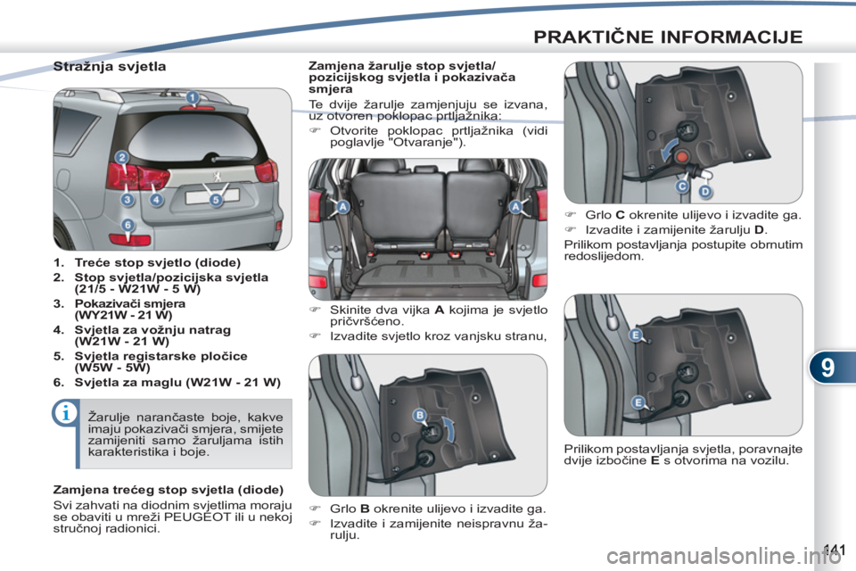 PEUGEOT 4007 2012  Upute Za Rukovanje (in Croatian) 9
PRAKTIČNE INFORMACIJE
 
 
 
 
 
 
 
 
 
 
 
 
 
 
 
 
 
 
 
 
 
 
 
 
 
 
 
 
 
 
 
 
 
 
 
 
 
 
 
 
 
 
 
Stražnja svjetla 
 
 
 
1. 
  Tr eće stop svjetlo (diode) 
 
   
2. 
  Stop svjetla/poz
