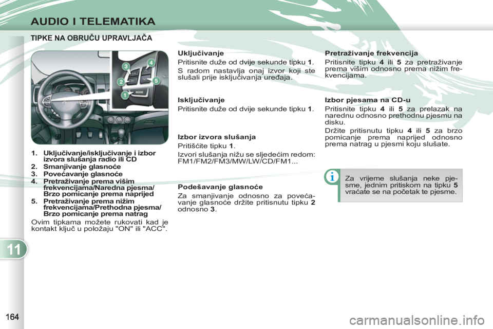 PEUGEOT 4007 2012 Upute Za Rukovanje (in Croatian) 11
AUDIO I TELEMATIKA
TIPKE NA OBRUČU UPRAVLJAČA TIPKE NA OBRUČU UPRAVLJAČA
1.
Uključivanje/isključivanje i izbor
izvora slušanja radio ili CD
2.
Smanjivanje glasnoće PEUGEOT 4007 2012 Upute Za Rukovanje (in Croatian) 11
AUDIO I TELEMATIKA
TIPKE NA OBRUČU UPRAVLJAČA TIPKE NA OBRUČU UPRAVLJAČA
1.
Uključivanje/isključivanje i izbor
izvora slušanja radio ili CD
2.
Smanjivanje glasnoće