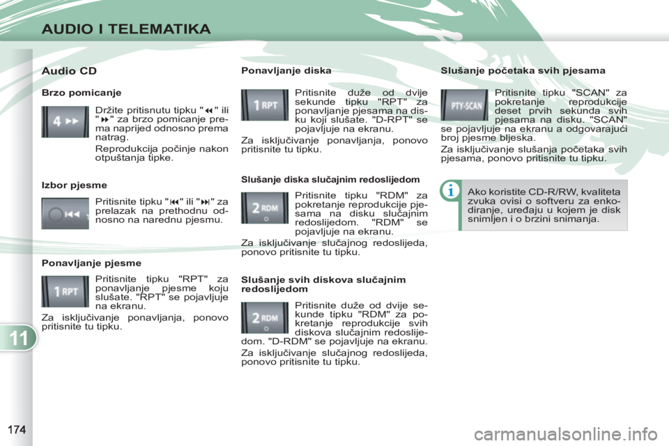 PEUGEOT 4007 2012 Upute Za Rukovanje (in Croatian) 11
AUDIO I TELEMATIKA
Slušanje početaka svih pjesama
Pritisnite tipku "SCAN" za
pokretanje reprodukcije
deset prvih sekunda svih
pjesama na disku. "SCAN"
se pojavljuje na ekranu a odgovar PEUGEOT 4007 2012 Upute Za Rukovanje (in Croatian) 11
AUDIO I TELEMATIKA
Slušanje početaka svih pjesama
Pritisnite tipku "SCAN" za
pokretanje reprodukcije
deset prvih sekunda svih
pjesama na disku. "SCAN"
se pojavljuje na ekranu a odgovar