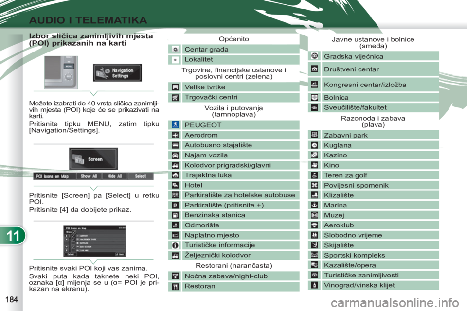 PEUGEOT 4007 2012 Upute Za Rukovanje (in Croatian) 11
AUDIO I TELEMATIKA
Izbor sličica zanimljivih mjesta
(POI) prikazanih na karti
Možete izabrati do 40 vrsta sličica zanimlji-
vih mjesta (POI) PEUGEOT 4007 2012 Upute Za Rukovanje (in Croatian) 11
AUDIO I TELEMATIKA
Izbor sličica zanimljivih mjesta
(POI) prikazanih na karti
Možete izabrati do 40 vrsta sličica zanimlji-
vih mjesta (POI)
