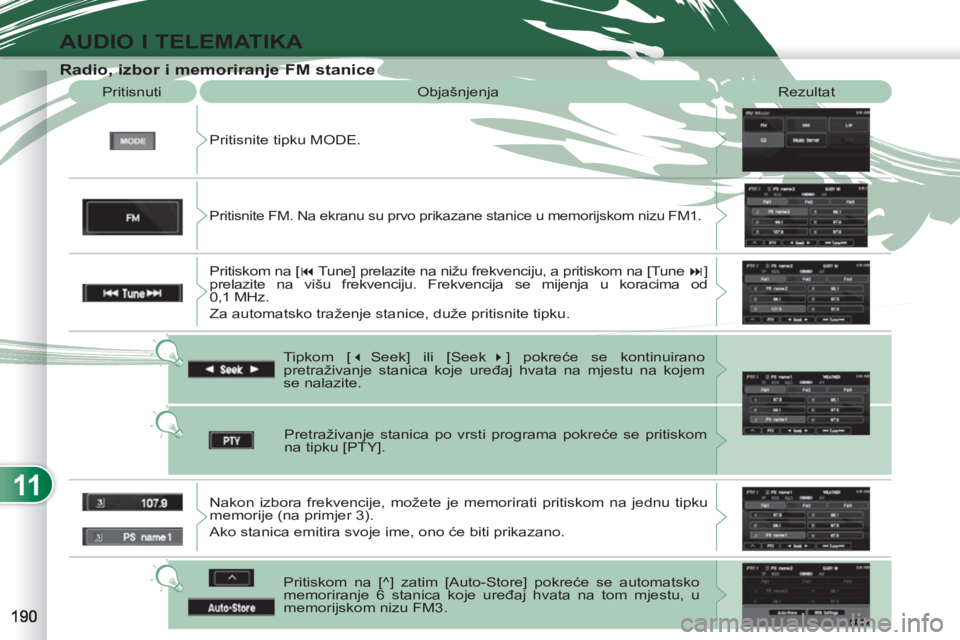 PEUGEOT 4007 2012  Upute Za Rukovanje (in Croatian) 11
AUDIO I TELEMATIKA
   
Radio, izbor i memoriranje FM stanice 
 
Pritisnite tipku MODE.    Pritisnuti  Objašnjenja  Rezultat 
  Tipkom [ � 
 Seek] ili [Seek  � 
] pokreće se kontinuirano 
pretra
