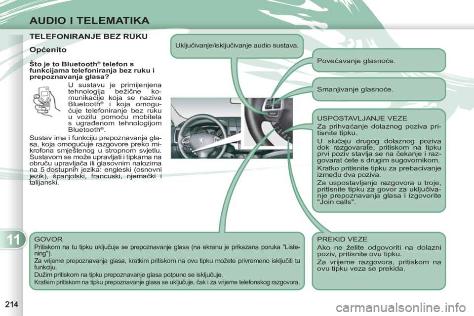 PEUGEOT 4007 2012 Upute Za Rukovanje (in Croatian) 11
AUDIO I TELEMATIKA
TELEFONIRANJE BEZ RUKUTELEFONIRANJE BEZ RUKU
Što je to Bluetooth® telefon s
funkcijama telefoniranja bez ruku i
prepoznavanja glasa?
GOVOR
Pritiskom na tu tipku uklj PEUGEOT 4007 2012 Upute Za Rukovanje (in Croatian) 11
AUDIO I TELEMATIKA
TELEFONIRANJE BEZ RUKUTELEFONIRANJE BEZ RUKU
Što je to Bluetooth® telefon s
funkcijama telefoniranja bez ruku i
prepoznavanja glasa?
GOVOR
Pritiskom na tu tipku uklj