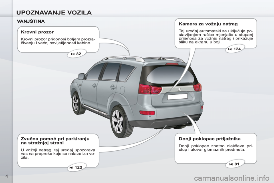 PEUGEOT 4007 2012  Upute Za Rukovanje (in Croatian) UPOZNAVANJE VOZILA
4
   
Krovni prozor 
 
Krovni prozor pridonosi boljem prozra-
čivanju i većoj osvijetljenosti kabine. 
   
 
� 
 82  
 
   
 
� 
 81  
 
   
 
� 
 123  
 
 
 
Zvučna pomoć pr