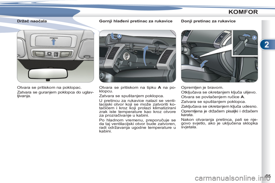 PEUGEOT 4007 2012  Upute Za Rukovanje (in Croatian) 2
KOMFOR
   
 
 
 
 
 
 
Gornji hlađeni pretinac za rukavice 
  Otvara se pritiskom na tipku  A 
 na po-
klopcu. 
  Zatvara se spuštanjem poklopca. 
  U pretincu za rukavice nalazi se venti-
lacijsk