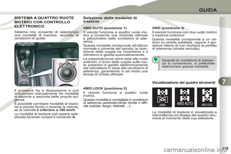 PEUGEOT 4007 2012 Manuale duso (in Italian) 7
GUIDA
SISTEMA A QUATTRO RUOTE SISTEMA
MOTRICI CON CONTROLLO OTRIC
ELETTRONICOELET
4WD AUTO (posizione 1)
Il veicolo funziona a quattro ruote mo-
trici e consente una motricità ottimale
a pre PEUGEOT 4007 2012 Manuale duso (in Italian) 7
GUIDA
SISTEMA A QUATTRO RUOTE SISTEMA
MOTRICI CON CONTROLLO OTRIC
ELETTRONICOELET
4WD AUTO (posizione 1)
Il veicolo funziona a quattro ruote mo-
trici e consente una motricità ottimale
a pre