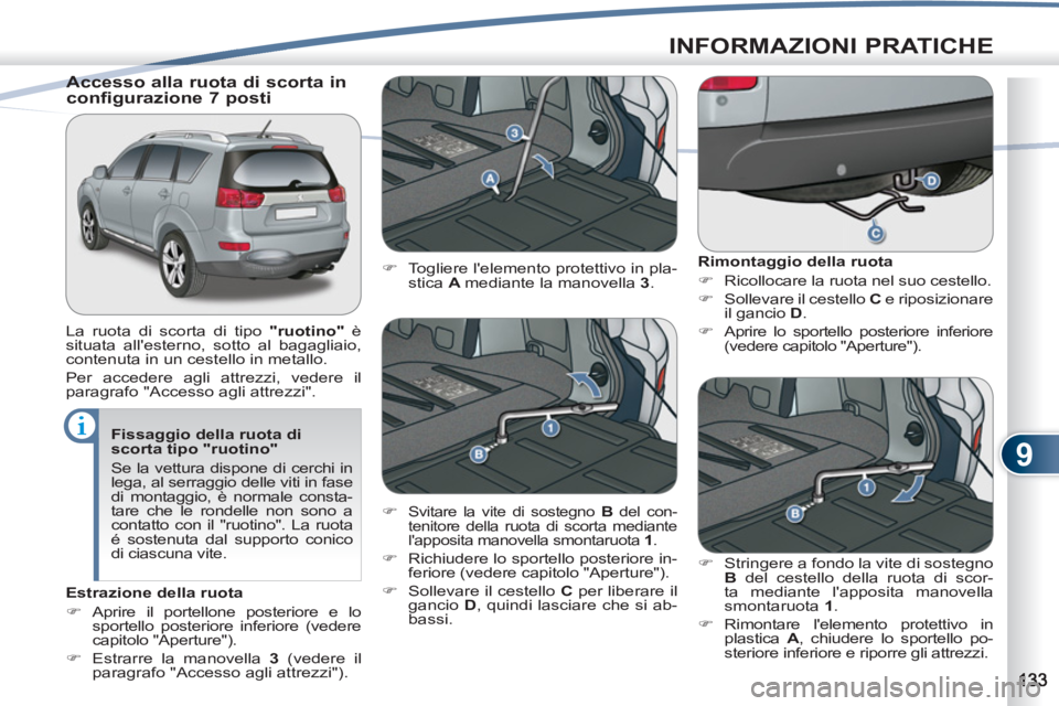 PEUGEOT 4007 2012  Manuale duso (in Italian) 9
INFORMAZIONI PRATICHE
   
Fissaggio della ruota di 
scorta tipo "ruotino" 
  Se la vettura dispone di cerchi in 
lega, al serraggio delle viti in fase 
di montaggio, è normale consta-
tare che le r