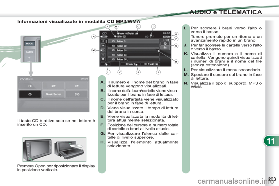 PEUGEOT 4007 2012 Manuale duso (in Italian) 11
AUDIO e TELEMATICA
Informazioni visualizzate in modalità CD MP3/WMA
A.
Il numero e il nome del brano in fase
di lettura vengono visualizzati.
B.
Il nome dellalbum/carte PEUGEOT 4007 2012 Manuale duso (in Italian) 11
AUDIO e TELEMATICA
Informazioni visualizzate in modalità CD MP3/WMA
A.
Il numero e il nome del brano in fase
di lettura vengono visualizzati.
B.
Il nome dellalbum/carte