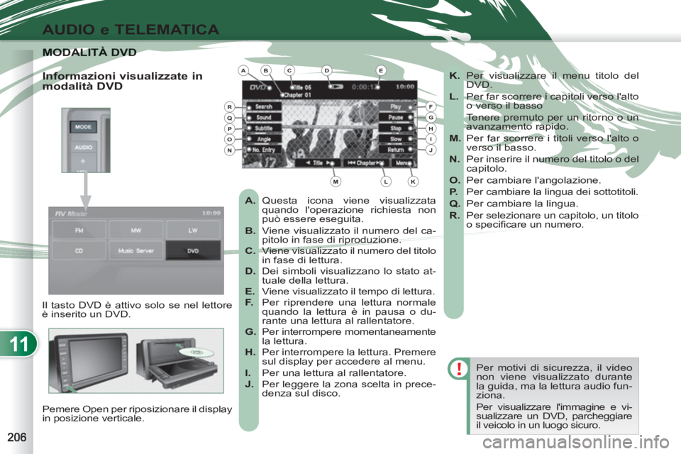 PEUGEOT 4007 2012  Manuale duso (in Italian) 11
AUDIO e TELEMATICA
MODALITÀ DVD MODALITÀ DVD 
  Il tasto DVD è attivo solo se nel lettore 
è inserito un DVD. 
Pemere Open per riposizionare il display 
in posizione verticale.   Per motivi di 