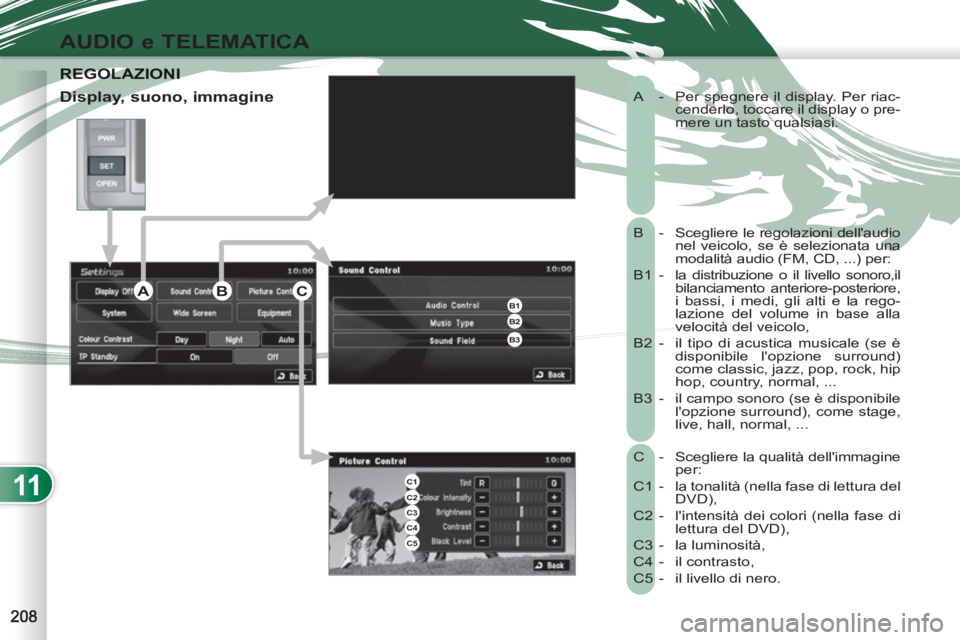 PEUGEOT 4007 2012  Manuale duso (in Italian) 11
AUDIO e TELEMATICA
  A  -  Per spegnere il display. Per riac-
cenderlo, toccare il display o pre-
mere un tasto qualsiasi. 
   
 
B  -  Scegliere le regolazioni dellaudio 
nel veicolo, se è selez
