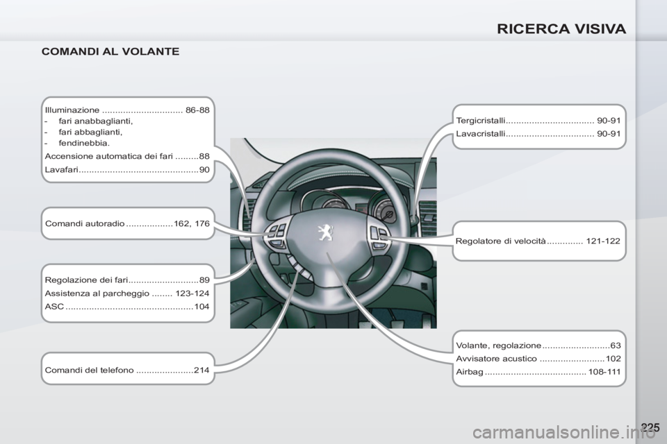 PEUGEOT 4007 2012 Manuale duso (in Italian) RICERCA VISIVA
COMANDI AL VOLANTE
Illuminazione ............................... 86-88
- fari anabbaglianti,
- fari abbaglianti,
- fendinebbia.
Accensione automatica de PEUGEOT 4007 2012 Manuale duso (in Italian) RICERCA VISIVA
COMANDI AL VOLANTE
Illuminazione ............................... 86-88
- fari anabbaglianti,
- fari abbaglianti,
- fendinebbia.
Accensione automatica de