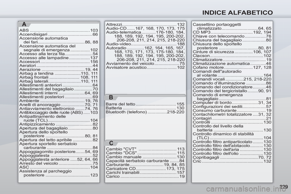 PEUGEOT 4007 2012  Manuale duso (in Italian) INDICE ALFABETICO
A
ABS .............................................. 103
Accendisigari .................................. 66
Accensione automatica 
dei fari .................................... 86, 
