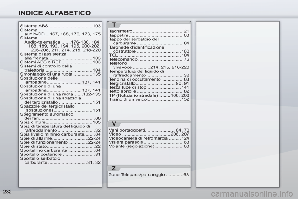 PEUGEOT 4007 2012  Manuale duso (in Italian) INDICE ALFABETICO
T
Tachimetro ...................................... 21
Tappetini ......................................... 63
Tappo del serbatoio del 
carburante ................................... 