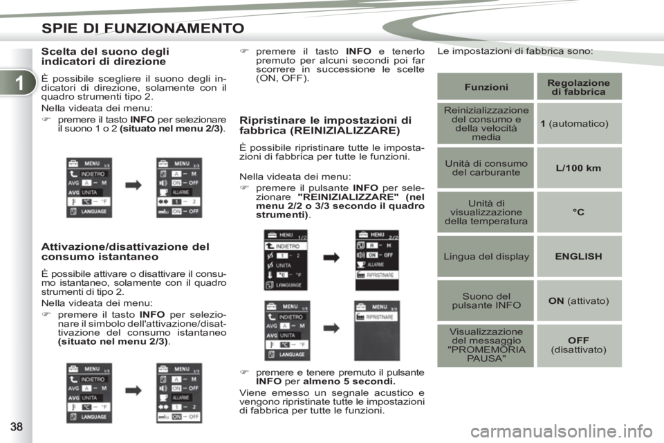 PEUGEOT 4007 2012  Manuale duso (in Italian) 1
SPIE DI FUNZIONAMENTO
   
Scelta del suono degli 
indicatori di direzione 
  È possibile scegliere il suono degli in-
dicatori di direzione, solamente con il 
quadro strumenti tipo 2. 
  Nella vide