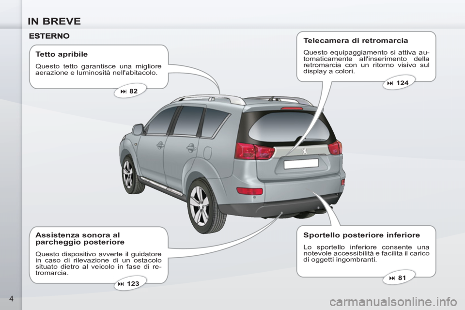 PEUGEOT 4007 2012  Manuale duso (in Italian) IN BREVE
4
   
Tetto apribile 
 
Questo tetto garantisce una migliore 
aerazione e luminosità nellabitacolo. 
   
 
� 
 82  
 
   
 
� 
 81  
 
   
 
� 
 123  
 
 
 
Assistenza sonora al 
parcheg