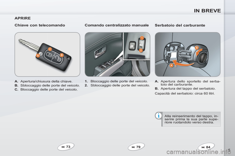 PEUGEOT 4007 2012  Manuale duso (in Italian) IN BREVE
5
   
Serbatoio del carburante 
 
 
 
A. 
  Apertura dello sportello del serba-
toio del carburante. 
   
B. 
  Apertura del tappo del serbatoio.  
   
 
� 
 84  
     
 
1. 
  Bloccaggio de