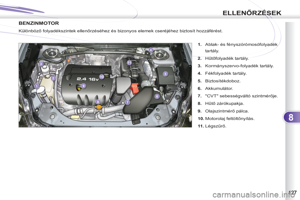 PEUGEOT 4007 2012  Kezelési útmutató (in Hungarian) 8
ELLENŐRZÉSEK
BENZINMOTOR
 
 
 
1. 
  Ablak- és fényszórómosófolyadék 
tartály. 
   
2. 
 Hűtőfolyadék tartály. 
   
3. 
 Kormányszervo-folyadék tartály. 
   
4. 
 Fékfolyadék tart