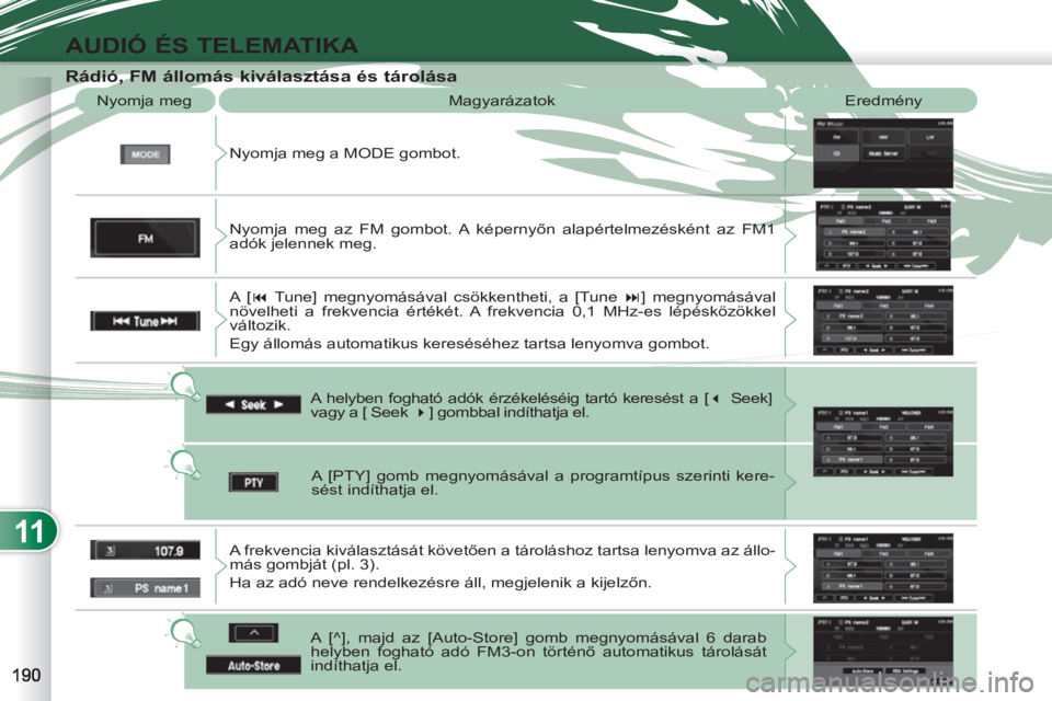 PEUGEOT 4007 2012 Kezelési útmutató (in Hungarian) 11
AUDIÓ ÉS TELEMATIKA
Rádió, FM állomás kiválasztása és tárolása
Nyomja meg a MODE gombot. Nyomja meg Magyarázatok Eredmény
A helyben fogható adók érzékeléséig tart PEUGEOT 4007 2012 Kezelési útmutató (in Hungarian) 11
AUDIÓ ÉS TELEMATIKA
Rádió, FM állomás kiválasztása és tárolása
Nyomja meg a MODE gombot. Nyomja meg Magyarázatok Eredmény
A helyben fogható adók érzékeléséig tart