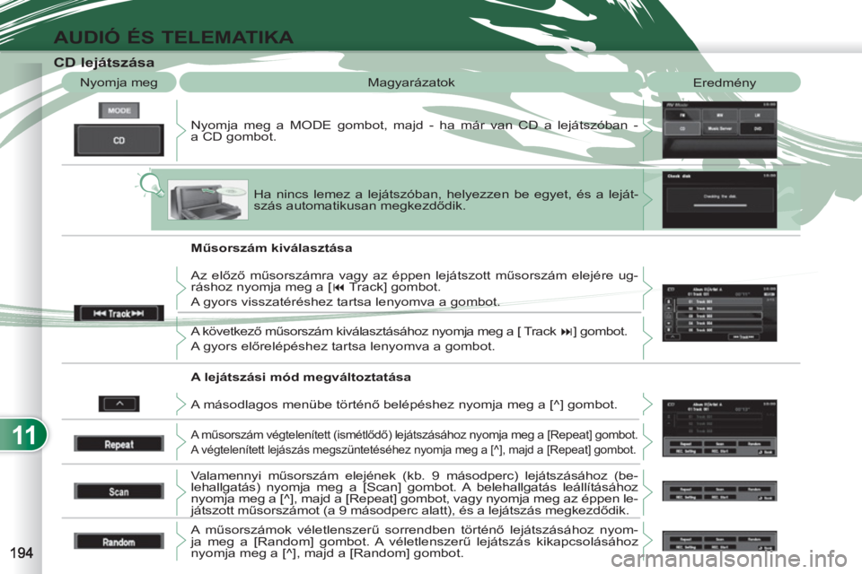 PEUGEOT 4007 2012 Kezelési útmutató (in Hungarian) 11
AUDIÓ ÉS TELEMATIKA
CD lejátszása
Nyomja meg a MODE gombot, majd - ha már van CD a lejátszóban -
a CD gombot. Nyomja meg Magyarázatok
Eredm PEUGEOT 4007 2012 Kezelési útmutató (in Hungarian) 11
AUDIÓ ÉS TELEMATIKA
CD lejátszása
Nyomja meg a MODE gombot, majd - ha már van CD a lejátszóban -
a CD gombot. Nyomja meg Magyarázatok
Eredm