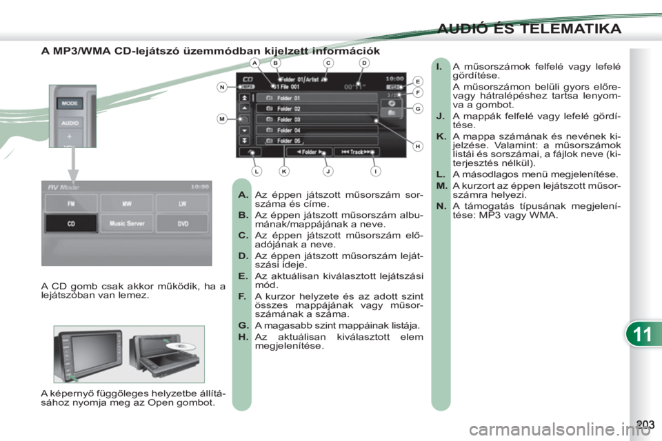 PEUGEOT 4007 2012 Kezelési útmutató (in Hungarian) 11
AUDIÓ ÉS TELEMATIKA
A MP3/WMA CD-lejátszó üzemmódban kijelzett információk
A.
Az éppen játszott műsorszám sor-
száma és címe.
B.
Az éppen játszott műsorszám PEUGEOT 4007 2012 Kezelési útmutató (in Hungarian) 11
AUDIÓ ÉS TELEMATIKA
A MP3/WMA CD-lejátszó üzemmódban kijelzett információk
A.
Az éppen játszott műsorszám sor-
száma és címe.
B.
Az éppen játszott műsorszám
