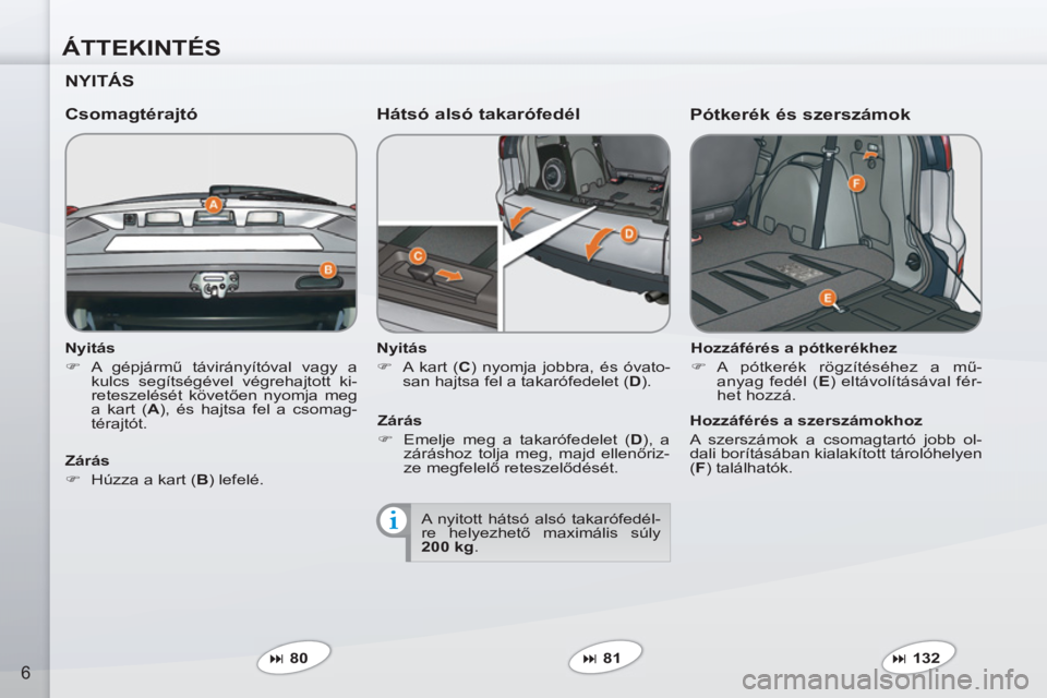 PEUGEOT 4007 2012  Kezelési útmutató (in Hungarian) ÁTTEKINTÉS
6
   
Nyitás 
   
 
�) 
 A gépjármű távirányítóval vagy a 
kulcs segítségével végrehajtott ki-
reteszelését követően nyomja meg 
a kart ( A 
), és hajtsa fel a csomag-
t