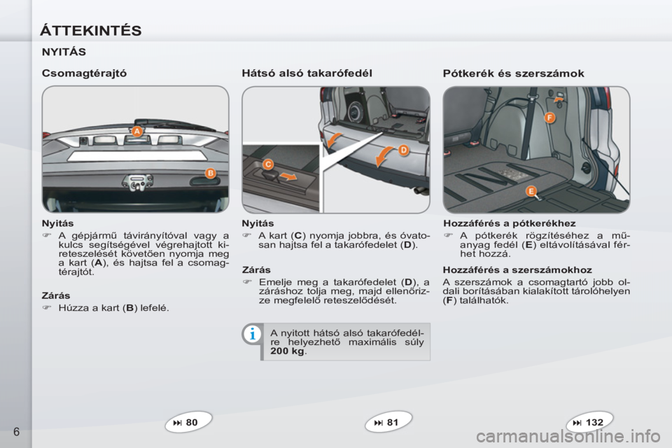 PEUGEOT 4007 2012  Kezelési útmutató (in Hungarian) ÁTTEKINTÉS
6
   
Nyitás 
   
 
�) 
 A gépjármű távirányítóval vagy a 
kulcs segítségével végrehajtott ki-
reteszelését követően nyomja meg 
a kart ( A 
), és hajtsa fel a csomag-
t�