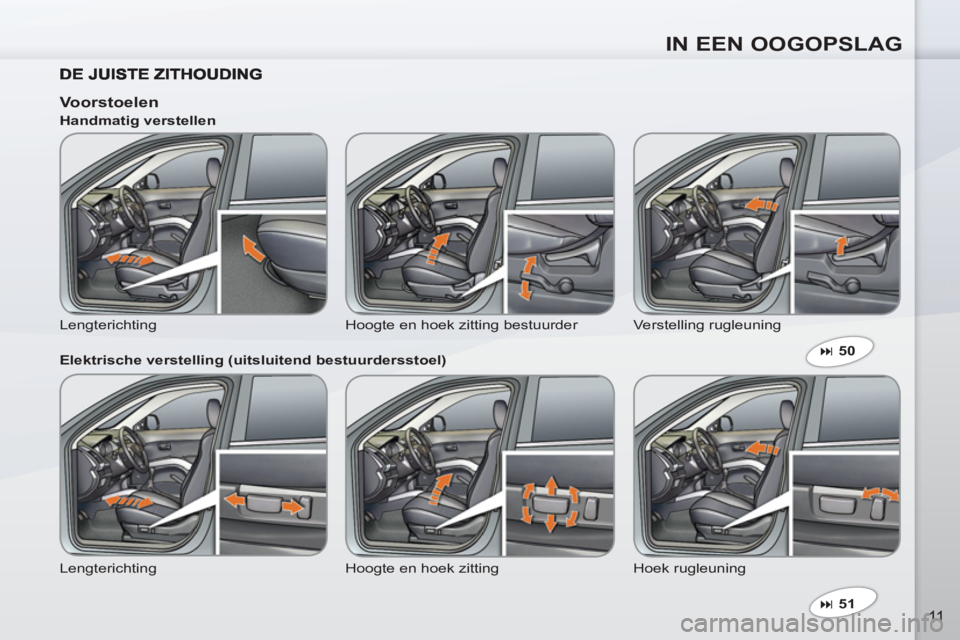 PEUGEOT 4007 2012  Instructieboekje (in Dutch) IN EEN OOGOPSLAG
11   
 
� 
 51  
 
 
 
 
Voorstoelen 
 
Lengterichting  Hoogte en hoek zitting bestuurder   Verstelling rugleuning     
Handmatig verstellen 
   
Elektrische verstelling (uitsluitend