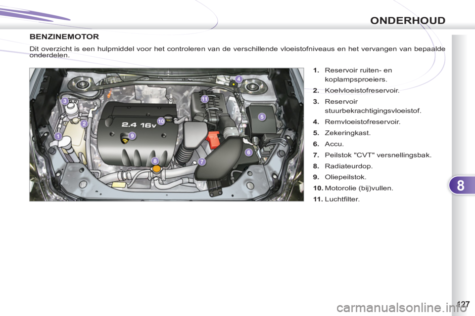PEUGEOT 4007 2012  Instructieboekje (in Dutch) 8
ONDERHOUD
BENZINEMOTOR 
   
 
1. 
  Reservoir ruiten- en 
koplampsproeiers. 
   
2. 
 Koelvloeistofreservoir. 
   
3. 
 Reservoir 
stuurbekrachtigingsvloeistof .
   
4. 
 Remvloeistofreservoir. 
   