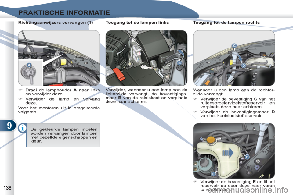 PEUGEOT 4007 2012  Instructieboekje (in Dutch) 9
PRAKTISCHE INFORMATIE
   
Richtingaanwijzers vervangen (1) 
  De gekleurde lampen moeten 
worden vervangen door lampen 
met dezelfde eigenschappen en 
kleur.      
 
�) 
  Draai de lamphouder  A 
 n
