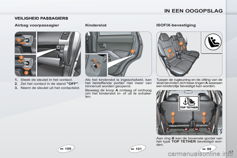 PEUGEOT 4007 2012  Instructieboekje (in Dutch) IN EEN OOGOPSLAG
17
   
Airbag voorpassagier    
Kinderslot 
 
 
 
1. 
  Steek de sleutel in het contact. 
   
2. 
  Zet het contact in de stand  "OFF" 
. 
   
3. 
  Neem de sleutel uit het contactslo