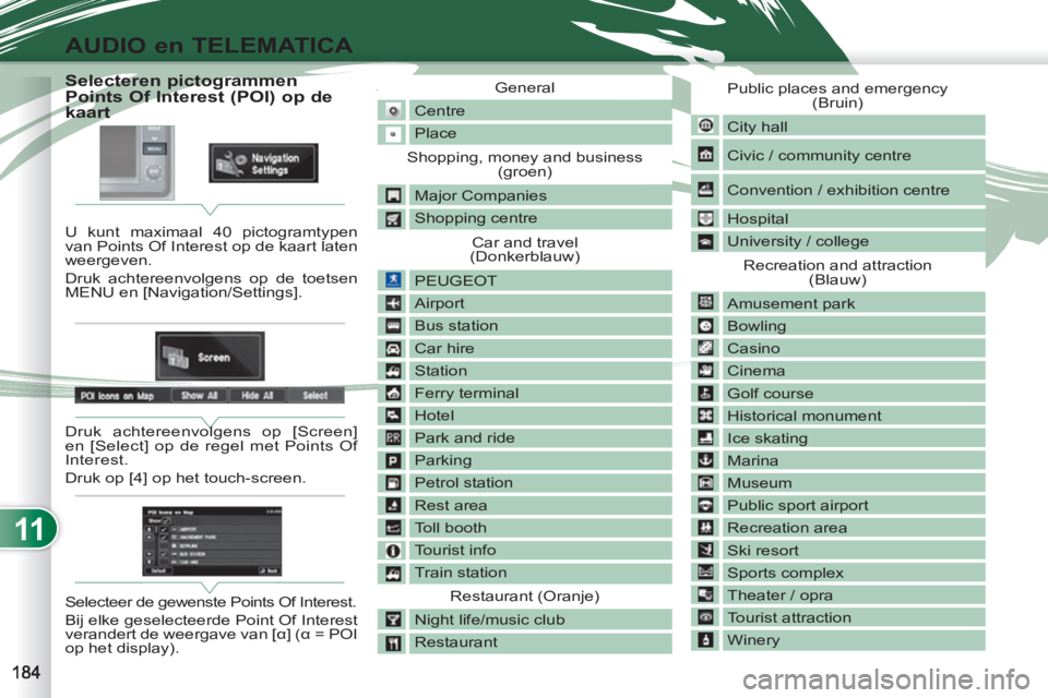 PEUGEOT 4007 2012 Instructieboekje (in Dutch) 11
AUDIO en TELEMATICA
Selecteren pictogrammen
Points Of Interest (POI) op de
kaart
U kunt maximaal 40 pictogramtypen
van Points Of Interest op de PEUGEOT 4007 2012 Instructieboekje (in Dutch) 11
AUDIO en TELEMATICA
Selecteren pictogrammen
Points Of Interest (POI) op de
kaart
U kunt maximaal 40 pictogramtypen
van Points Of Interest op de