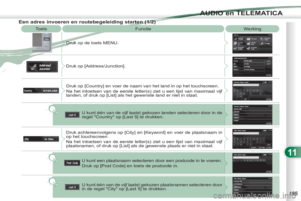 PEUGEOT 4007 2012  Instructieboekje (in Dutch) 11
AUDIO en TELEMATICA
  Toets 
  Functie   Werking 
  Druk op de toets MENU. 
  Druk op [Address/Junction]. 
  Druk op [Country] en voer de naam van het land in op het touchscreen. 
  Na het intoetse