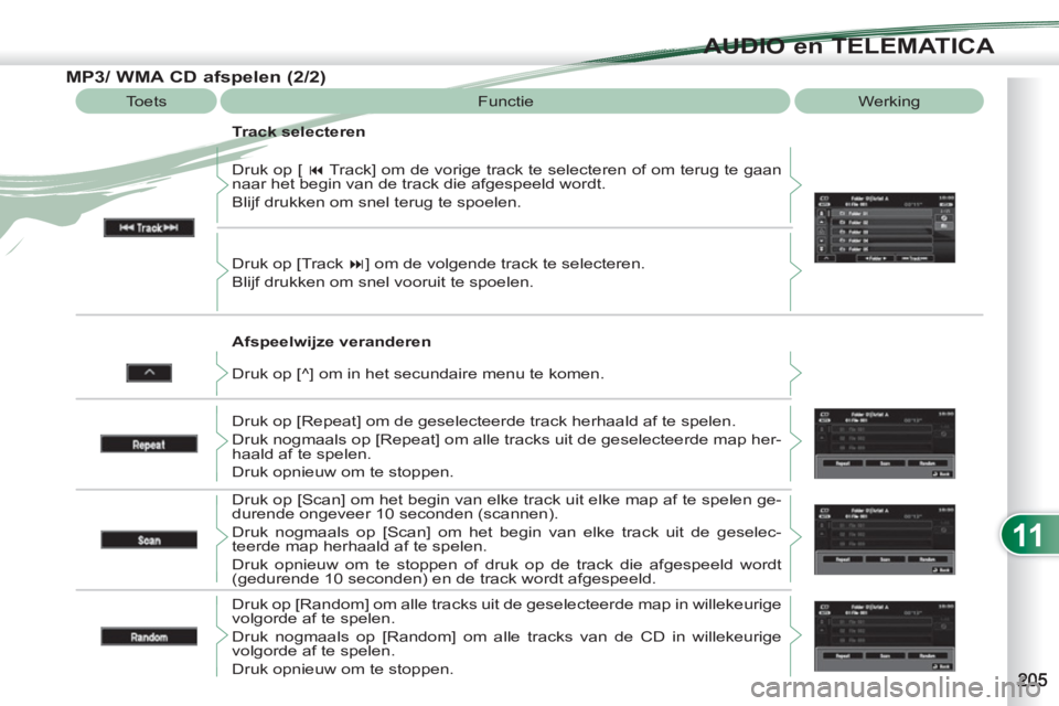 PEUGEOT 4007 2012  Instructieboekje (in Dutch) 11
AUDIO en TELEMATICA
   
Afspeelwijze veranderen    Druk op [  � 
 Track] om de vorige track te selecteren of om terug te gaan 
naar het begin van de track die afgespeeld wordt. 
  Blijf drukken om