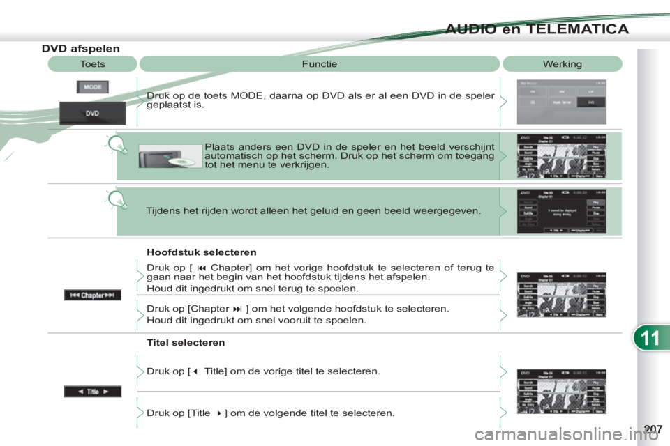 PEUGEOT 4007 2012  Instructieboekje (in Dutch) 11
AUDIO en TELEMATICA
   
 
 
 
 
 
 
 
 
 
 
 
 
 
 
DVD afspelen 
 
Werking   
Functie 
   
Hoofdstuk selecteren    Druk op de toets MODE, daarna op DVD als er al een DVD in de speler 
geplaatst is