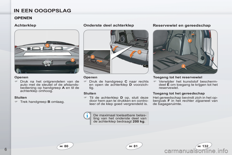 PEUGEOT 4007 2012  Instructieboekje (in Dutch) IN EEN OOGOPSLAG
6
   
Openen 
   
 
�) 
  Druk na het ontgrendelen van de 
auto met de sleutel of de afstands-
bediening op handgreep  A 
 en til de 
achterklep omhoog.  
 
 
 
Achterklep   
Onderste