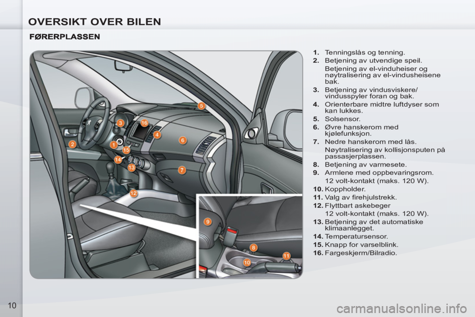 PEUGEOT 4007 2012  Instruksjoner for bruk (in Norwegian) OVERSIKT OVER BILEN
10
   
 
1. 
  Tenningslås og tenning. 
   
2. 
  Betjening av utvendige speil.  
  Betjening av el-vinduheiser og 
nøytralisering av el-vindusheisene 
bak. 
   
3. 
  Betjening 