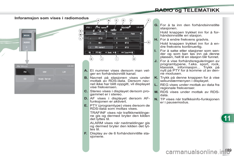 PEUGEOT 4007 2012  Instruksjoner for bruk (in Norwegian) 11
RADIO og TELEMATIKK
   
 
 
 
 
 
 
 
 
 
 
 
 
 
 
Inforamsjon som vises i radiomodus 
 
 
 
A. 
  Et nummer vises dersom man vel-
ger en forhåndsinntilt kanal. 
   
B. 
 Navnet på stasjonen vis