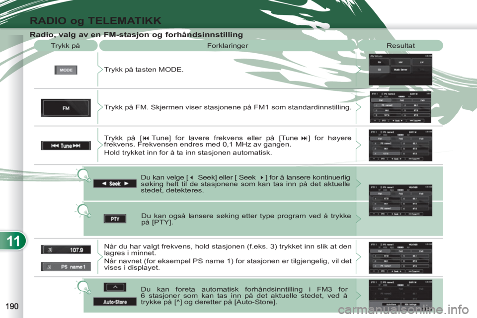 PEUGEOT 4007 2012  Instruksjoner for bruk (in Norwegian) 11
RADIO og TELEMATIKK
   
Radio, valg av en FM-stasjon og forhåndsinnstilling 
 
Trykk på tasten MODE.    Trykk på   Forklaringer  Resultat 
  Du kan velge [ � 
 Seek] eller [ Seek  � 
] for å 