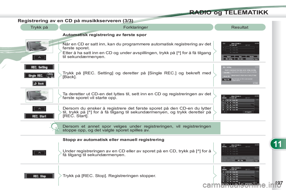 PEUGEOT 4007 2012  Instruksjoner for bruk (in Norwegian) 11
RADIO og TELEMATIKK
   
Registrering av en CD på musikkserveren (3/3) 
 
Trykk på   Forklaringer  Resultat 
   
Automatisk registrering av første spor 
  Når en CD er satt inn, kan du programme