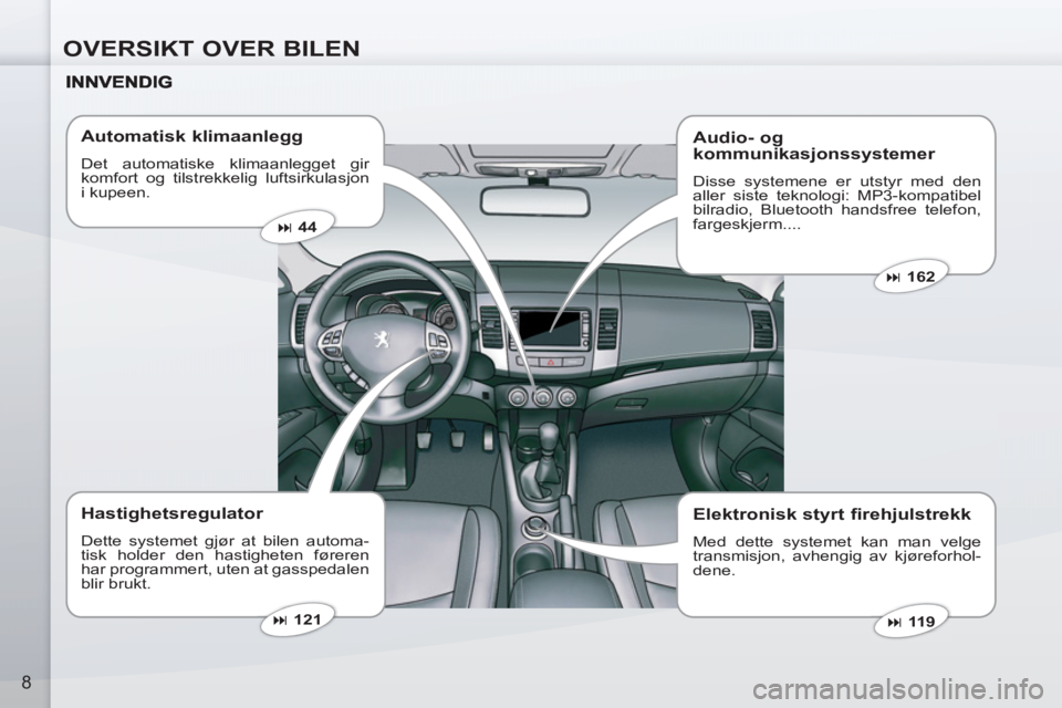 PEUGEOT 4007 2012  Instruksjoner for bruk (in Norwegian) OVERSIKT OVER BILEN
8
   
Automatisk klimaanlegg 
 
Det automatiske klimaanlegget gir 
komfort og tilstrekkelig luftsirkulasjon 
i kupeen. 
   
Hastighetsregulator 
 
Dette systemet gjør at bilen aut